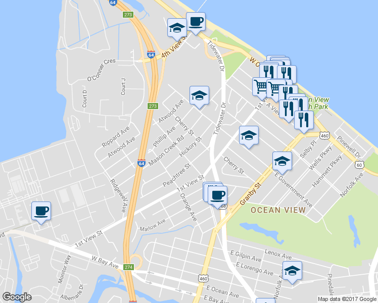map of restaurants, bars, coffee shops, grocery stores, and more near 9408 Hickory Street in Norfolk
