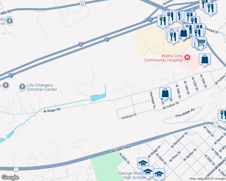 map of restaurants, bars, coffee shops, grocery stores, and more near 1340 West Ridge Road in Wytheville