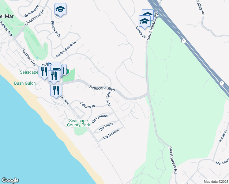 map of restaurants, bars, coffee shops, grocery stores, and more near 1938 Seascape Boulevard in Aptos