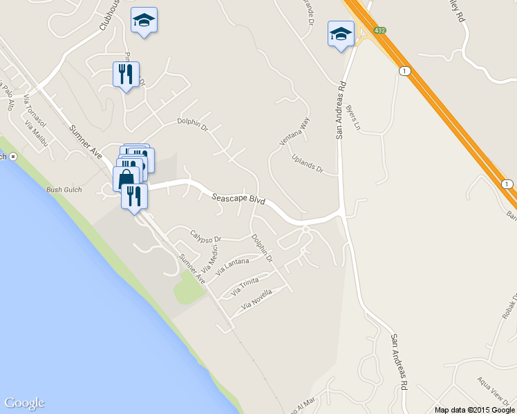 map of restaurants, bars, coffee shops, grocery stores, and more near 2013 Dolphin Drive in Aptos