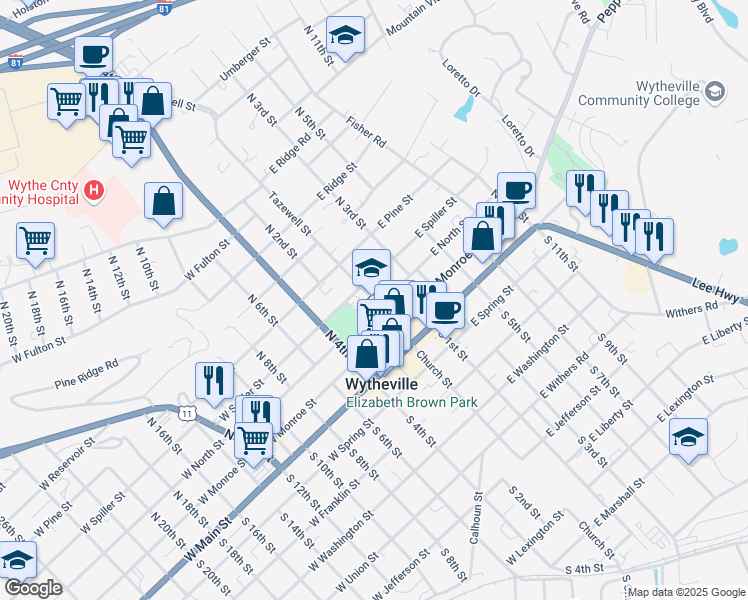 map of restaurants, bars, coffee shops, grocery stores, and more near 330 Tazewell Street in Wytheville
