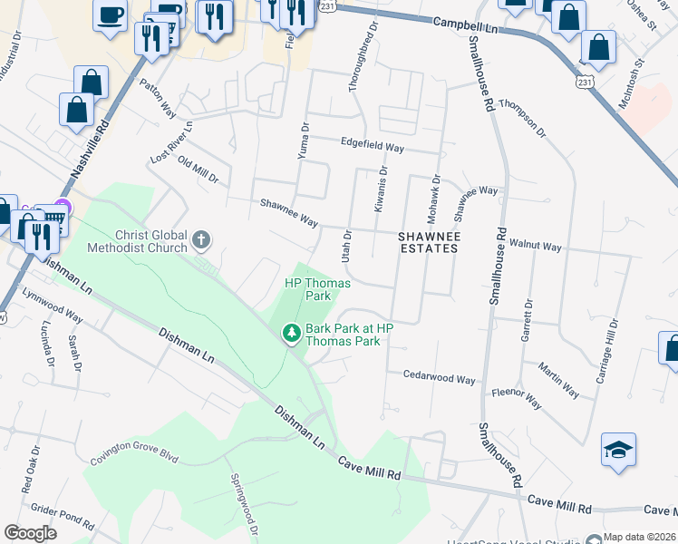map of restaurants, bars, coffee shops, grocery stores, and more near 2721 Utah Drive in Bowling Green