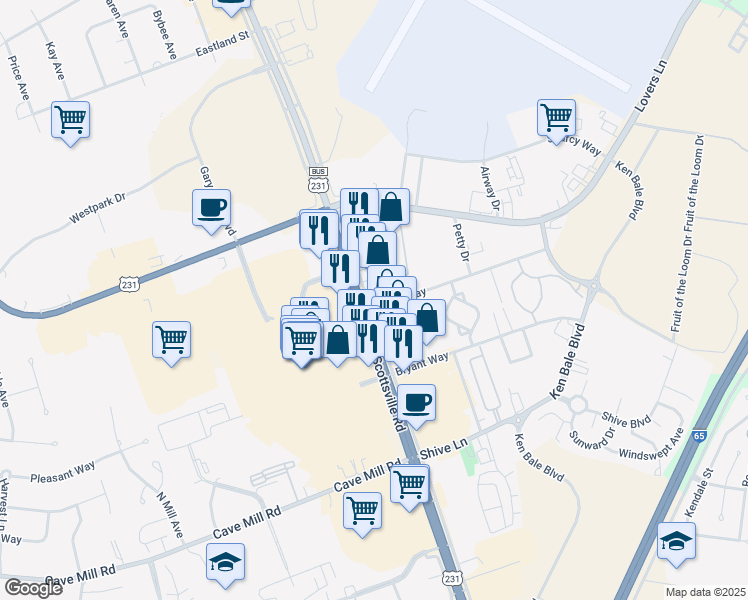 map of restaurants, bars, coffee shops, grocery stores, and more near 2530 Scottsville Road in Bowling Green