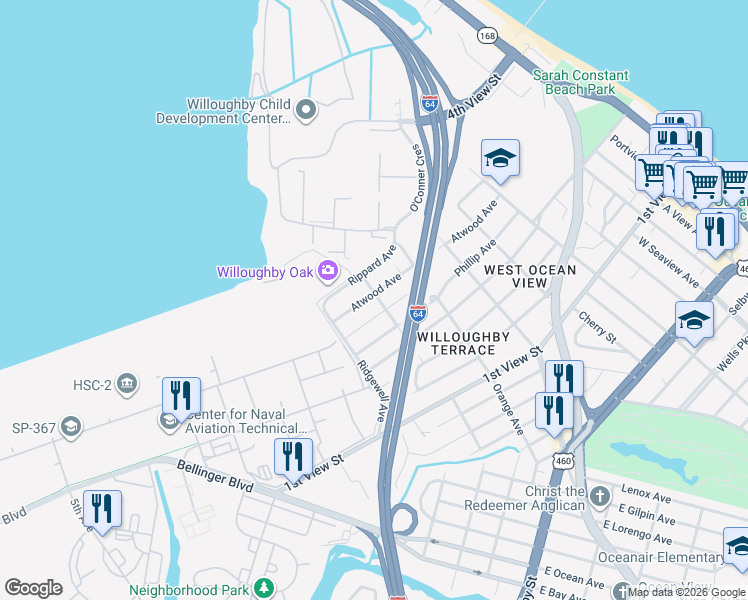 map of restaurants, bars, coffee shops, grocery stores, and more near 9232 Atwood Avenue in Norfolk