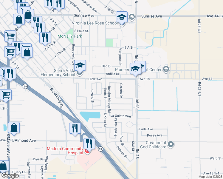 map of restaurants, bars, coffee shops, grocery stores, and more near 149 Rancho Santa Fe Drive in Madera