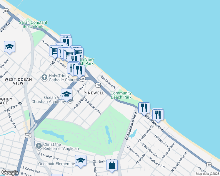 map of restaurants, bars, coffee shops, grocery stores, and more near 9716 Ship Watch Road in Norfolk
