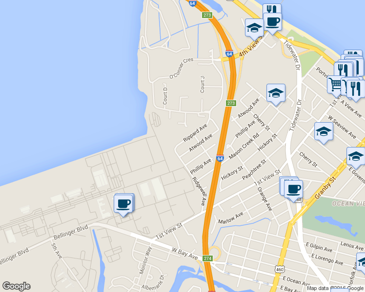 map of restaurants, bars, coffee shops, grocery stores, and more near 370 Ridgewell Avenue in Norfolk