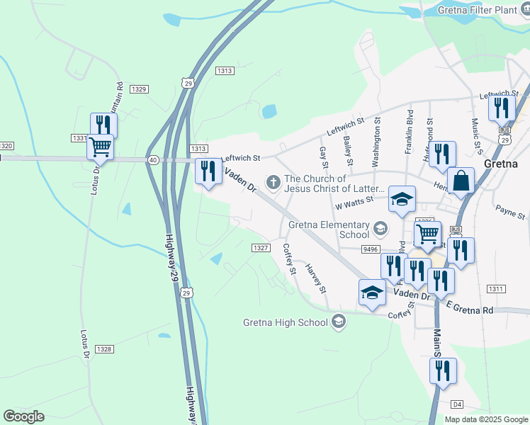 map of restaurants, bars, coffee shops, grocery stores, and more near 595 Vaden Drive in Gretna
