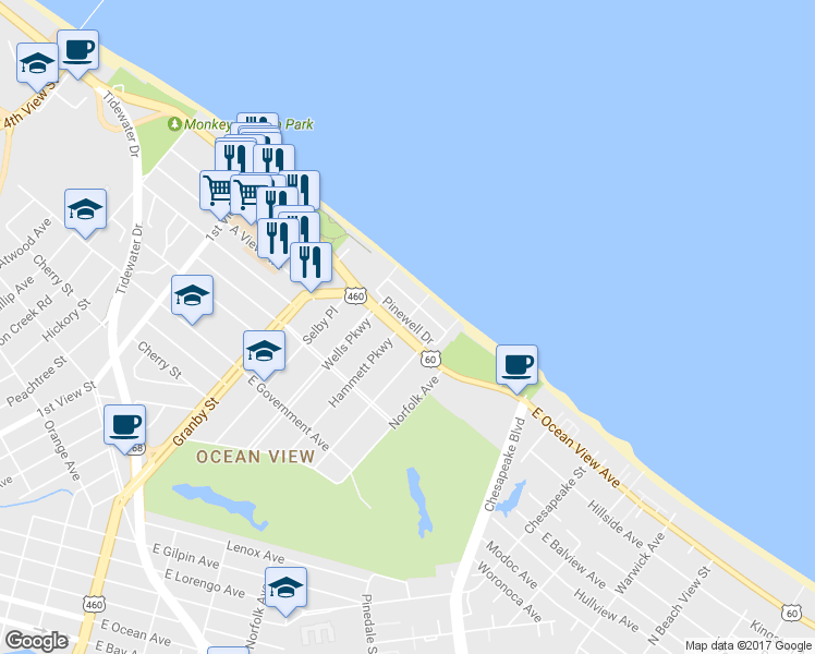 map of restaurants, bars, coffee shops, grocery stores, and more near 401 Pinewell Drive in Norfolk