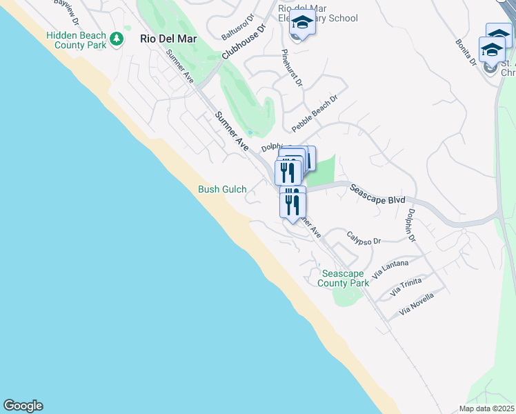 map of restaurants, bars, coffee shops, grocery stores, and more near 60 Seascape Resort Drive in Aptos