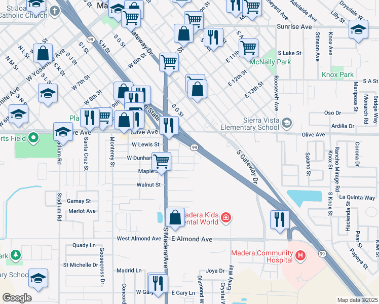 map of restaurants, bars, coffee shops, grocery stores, and more near 203 East Lewis Street in Madera