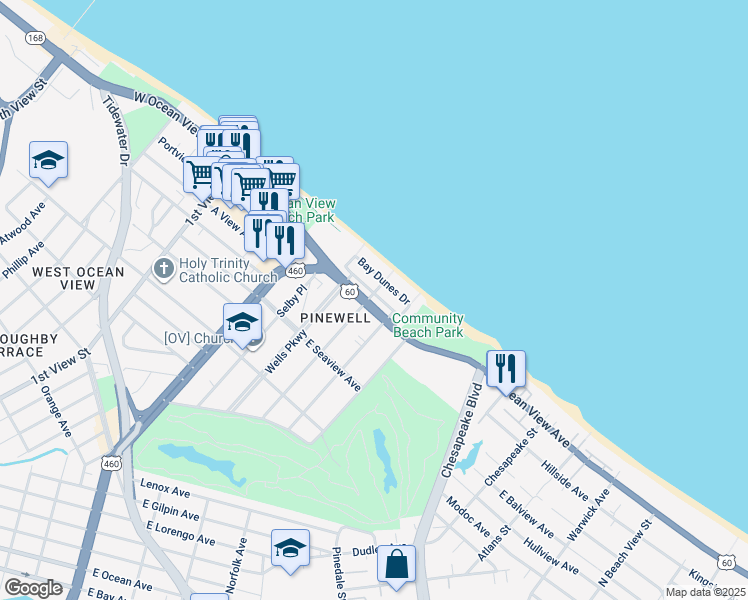 map of restaurants, bars, coffee shops, grocery stores, and more near 401 Pinewell Drive in Norfolk