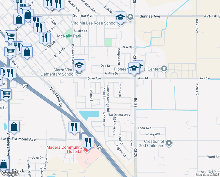 map of restaurants, bars, coffee shops, grocery stores, and more near 149 Rancho Santa Fe Drive in Madera