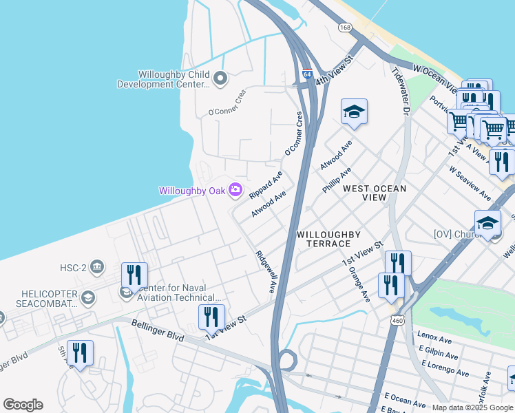 map of restaurants, bars, coffee shops, grocery stores, and more near 9232 Atwood Avenue in Norfolk