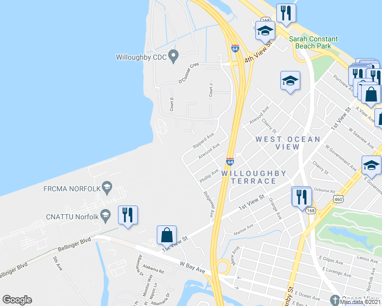 map of restaurants, bars, coffee shops, grocery stores, and more near 370 Ridgewell Avenue in Norfolk