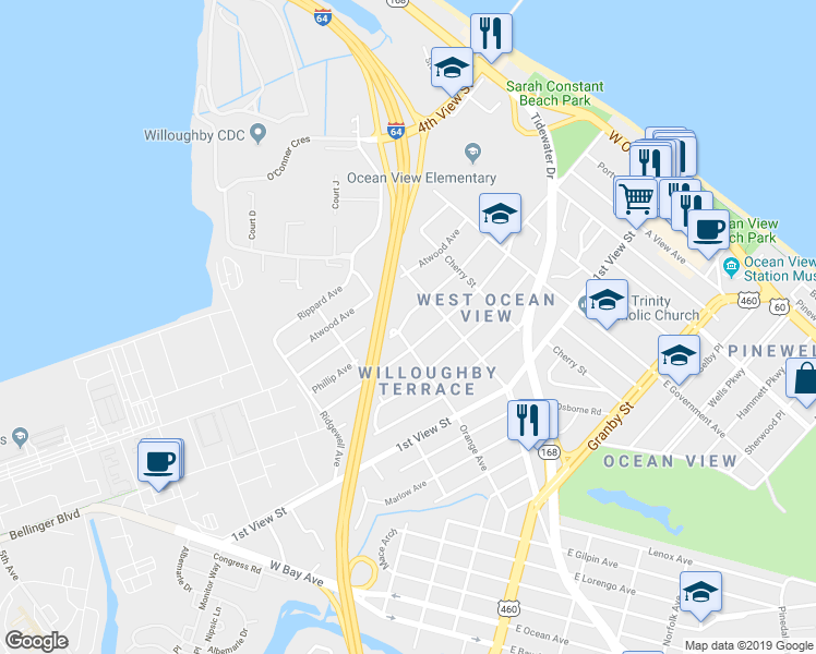 map of restaurants, bars, coffee shops, grocery stores, and more near 9308 Phillip Avenue in Norfolk