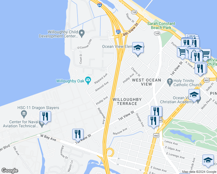 map of restaurants, bars, coffee shops, grocery stores, and more near 9269 Coleman Avenue in Norfolk