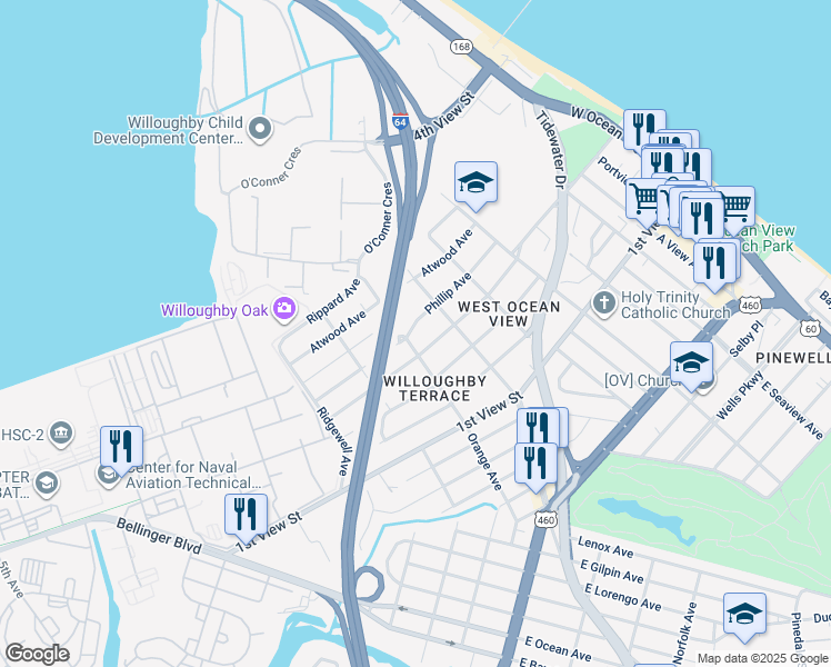 map of restaurants, bars, coffee shops, grocery stores, and more near 9308 Phillip Avenue in Norfolk