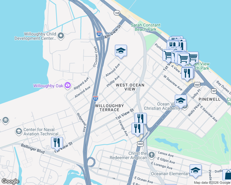 map of restaurants, bars, coffee shops, grocery stores, and more near 9314 Mason Creek Road in Norfolk