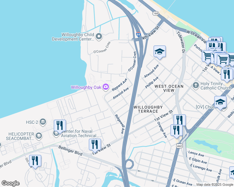 map of restaurants, bars, coffee shops, grocery stores, and more near 9243 Atwood Avenue in Norfolk