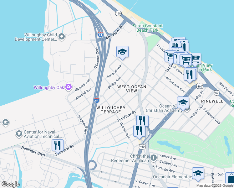 map of restaurants, bars, coffee shops, grocery stores, and more near 9314 Mason Creek Road in Norfolk