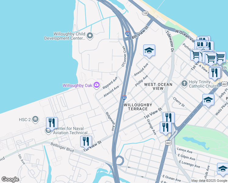 map of restaurants, bars, coffee shops, grocery stores, and more near 9260 Coleman Avenue in Norfolk