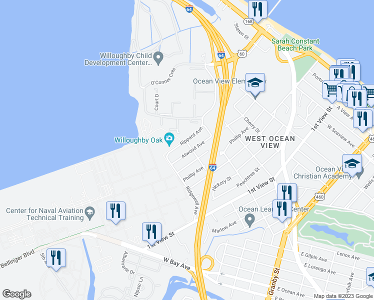 map of restaurants, bars, coffee shops, grocery stores, and more near 9243 Atwood Avenue in Norfolk