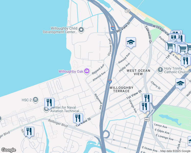 map of restaurants, bars, coffee shops, grocery stores, and more near 9232 Atwood Avenue in Norfolk