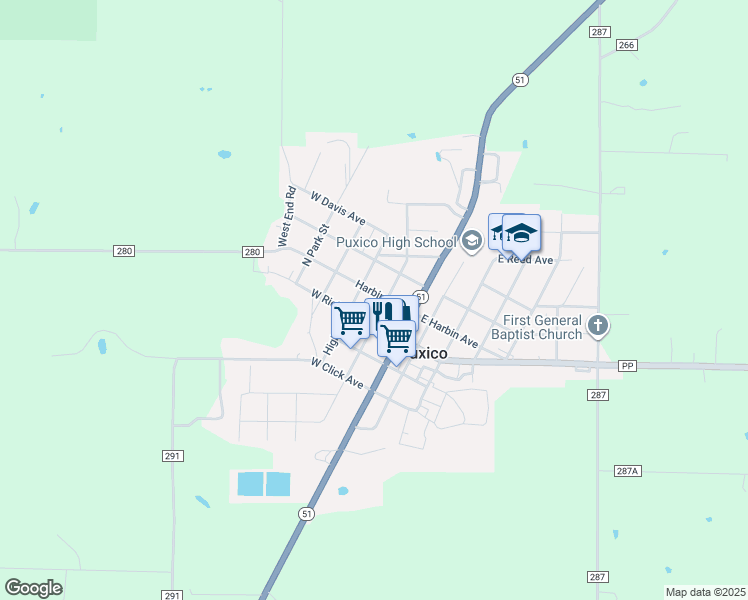 map of restaurants, bars, coffee shops, grocery stores, and more near 203 West Richardson Avenue in Puxico