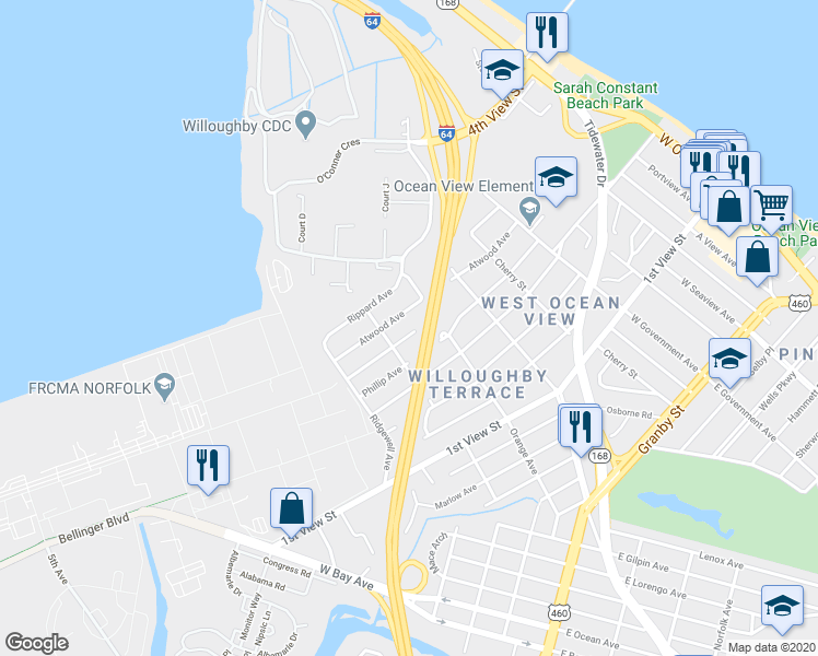map of restaurants, bars, coffee shops, grocery stores, and more near 9271 Coleman Avenue in Norfolk