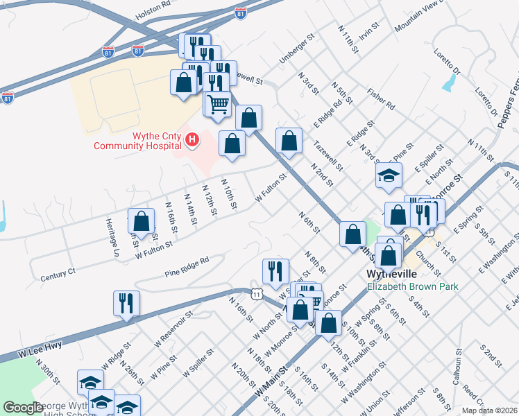 map of restaurants, bars, coffee shops, grocery stores, and more near 514 W Ridge St in Wytheville