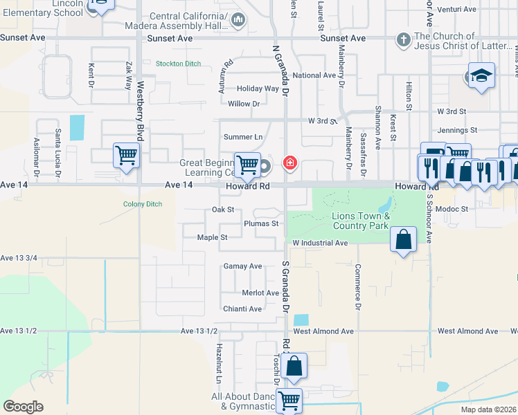 map of restaurants, bars, coffee shops, grocery stores, and more near 168 South Granada Drive in Madera