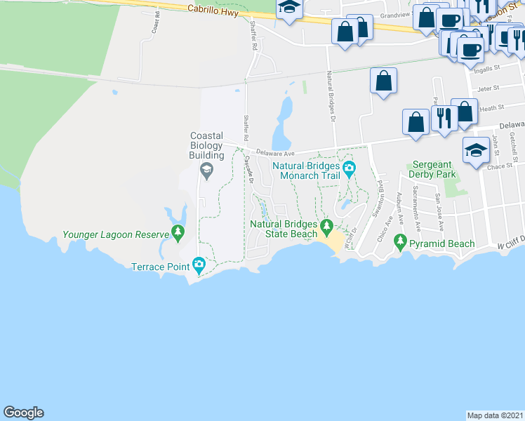 map of restaurants, bars, coffee shops, grocery stores, and more near Horizon Drive in Santa Cruz