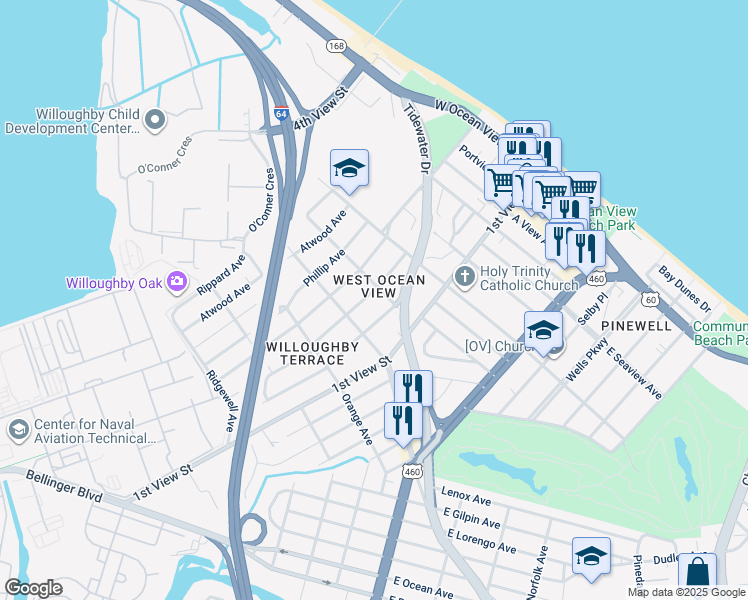 map of restaurants, bars, coffee shops, grocery stores, and more near 9422 Peachtree Street in Norfolk