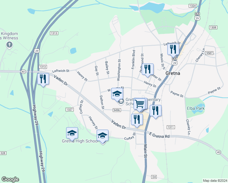 map of restaurants, bars, coffee shops, grocery stores, and more near 302 Franklin Boulevard in Gretna