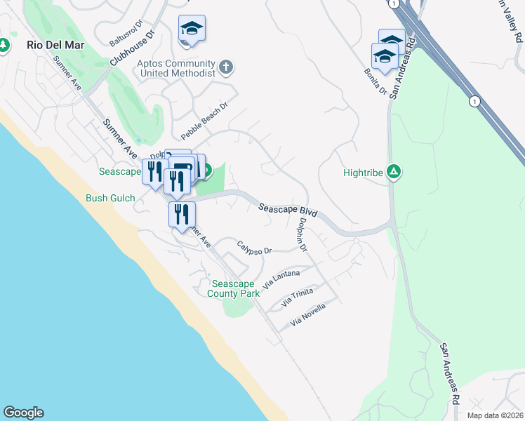 map of restaurants, bars, coffee shops, grocery stores, and more near 1742 Seascape Boulevard in Aptos