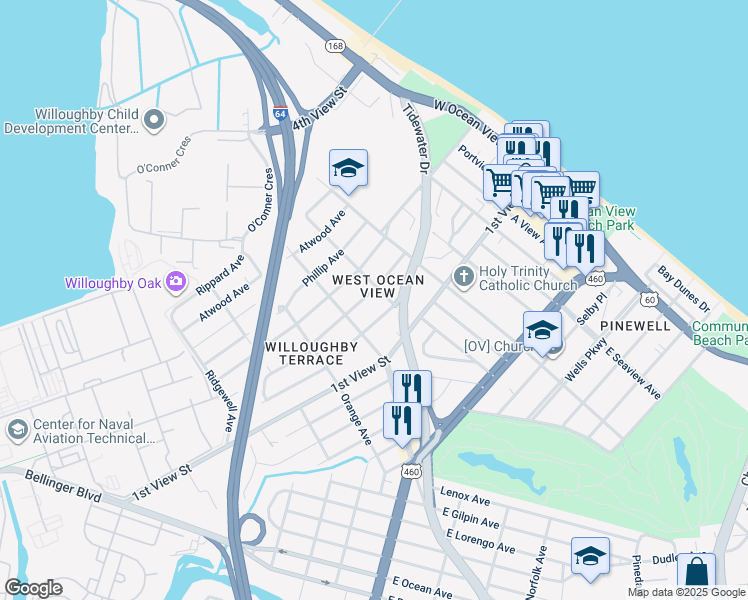 map of restaurants, bars, coffee shops, grocery stores, and more near 9422 Peachtree Street in Norfolk