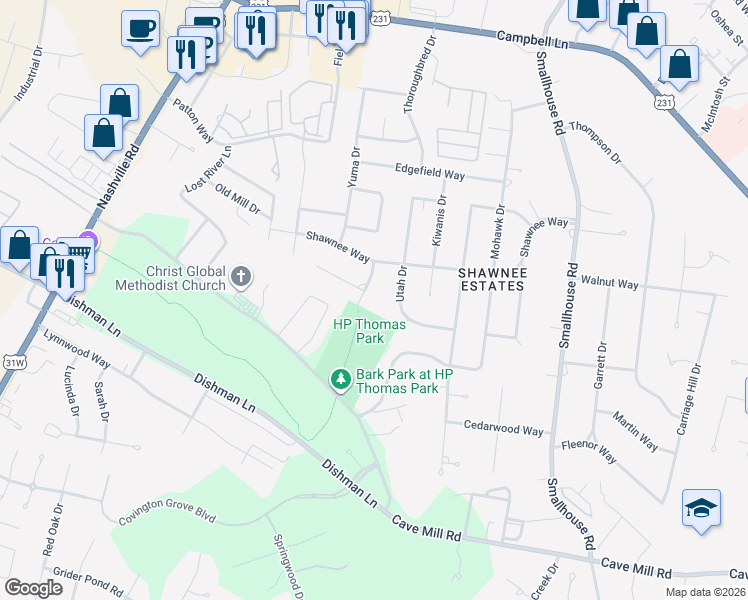 map of restaurants, bars, coffee shops, grocery stores, and more near 2721 Utah Drive in Bowling Green