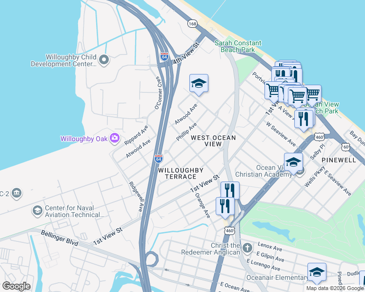 map of restaurants, bars, coffee shops, grocery stores, and more near 324 Maple Avenue in Norfolk