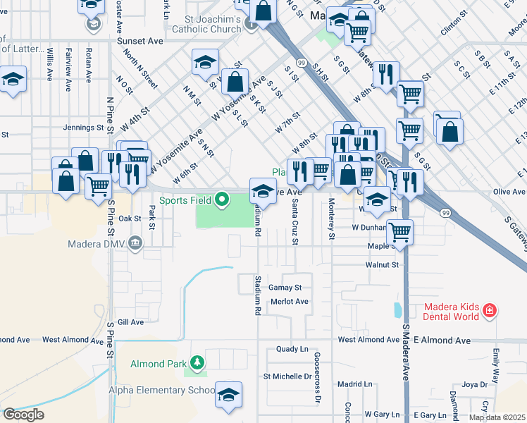 map of restaurants, bars, coffee shops, grocery stores, and more near 109 Stadium Road in Madera