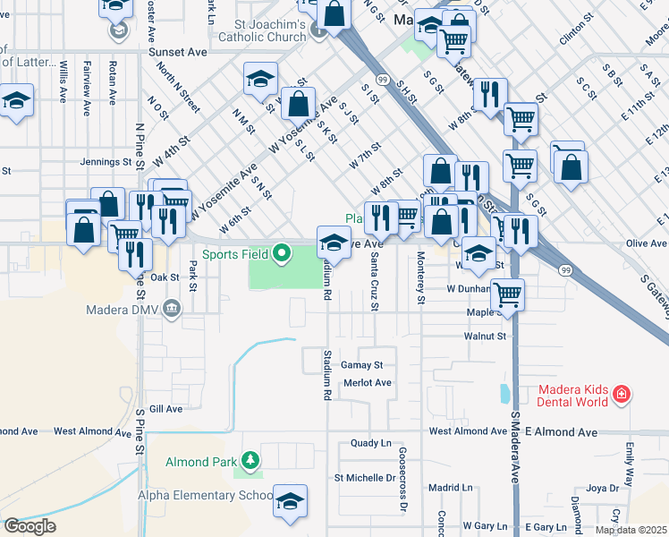 map of restaurants, bars, coffee shops, grocery stores, and more near 109 Stadium Road in Madera