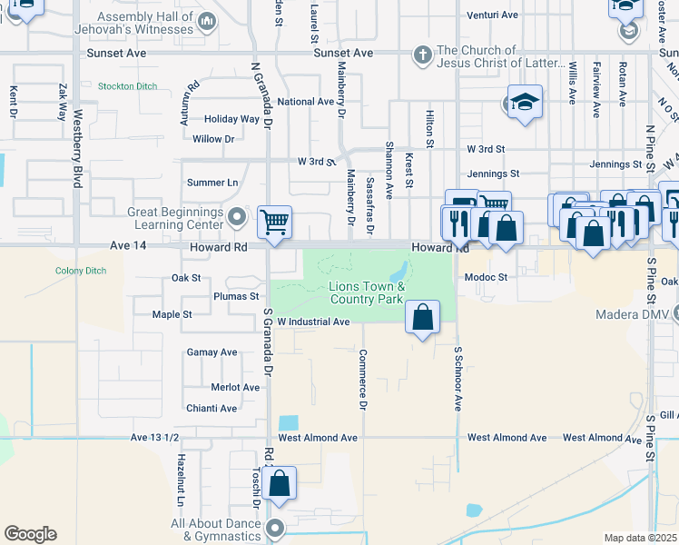 map of restaurants, bars, coffee shops, grocery stores, and more near 2300 Howard Road in Madera