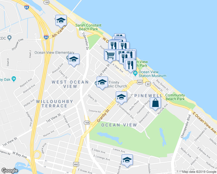 map of restaurants, bars, coffee shops, grocery stores, and more near 141 D View Avenue in Norfolk