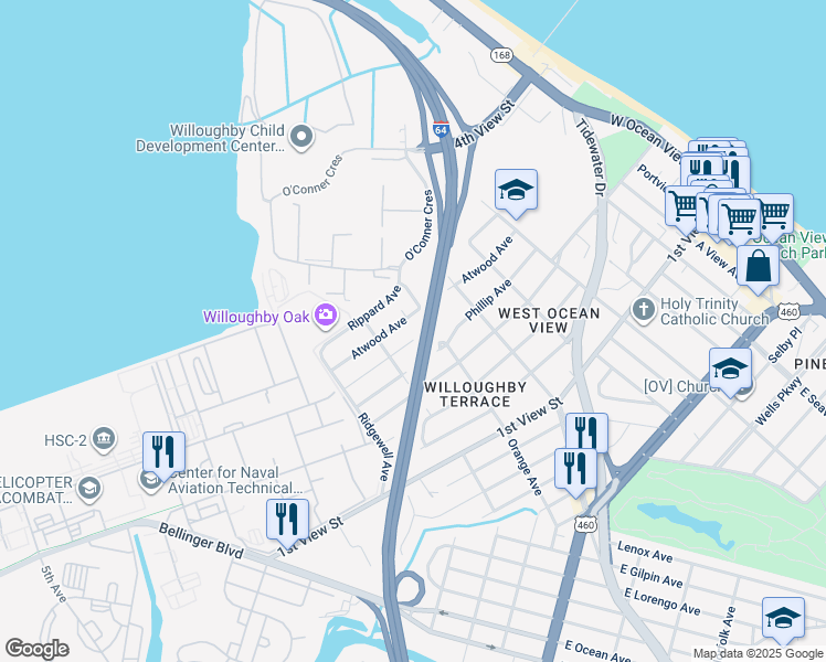 map of restaurants, bars, coffee shops, grocery stores, and more near 9279 Coleman Avenue in Norfolk