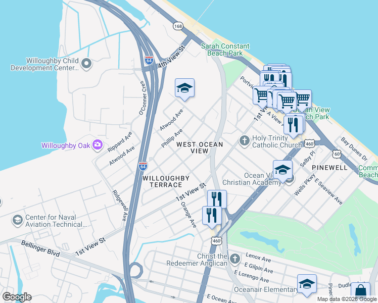 map of restaurants, bars, coffee shops, grocery stores, and more near 9427 Mason Creek Road in Norfolk