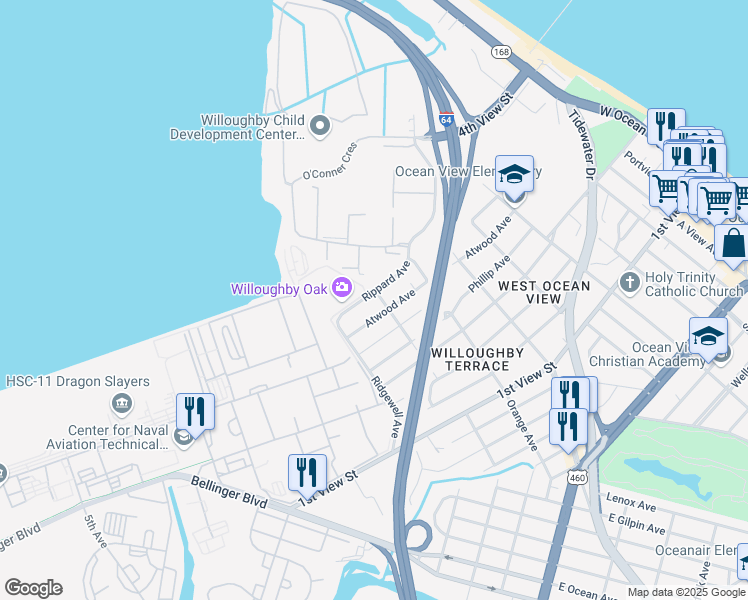 map of restaurants, bars, coffee shops, grocery stores, and more near 9242 Rippard Avenue in Norfolk