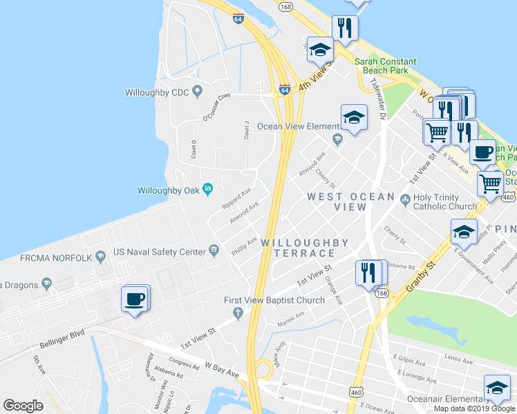map of restaurants, bars, coffee shops, grocery stores, and more near 9272 Atwood Avenue in Norfolk