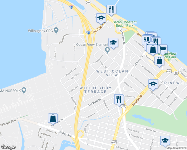 map of restaurants, bars, coffee shops, grocery stores, and more near 9322 Phillip Avenue in Norfolk