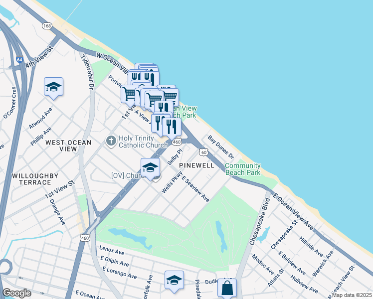map of restaurants, bars, coffee shops, grocery stores, and more near 9642 Selby Place in Norfolk