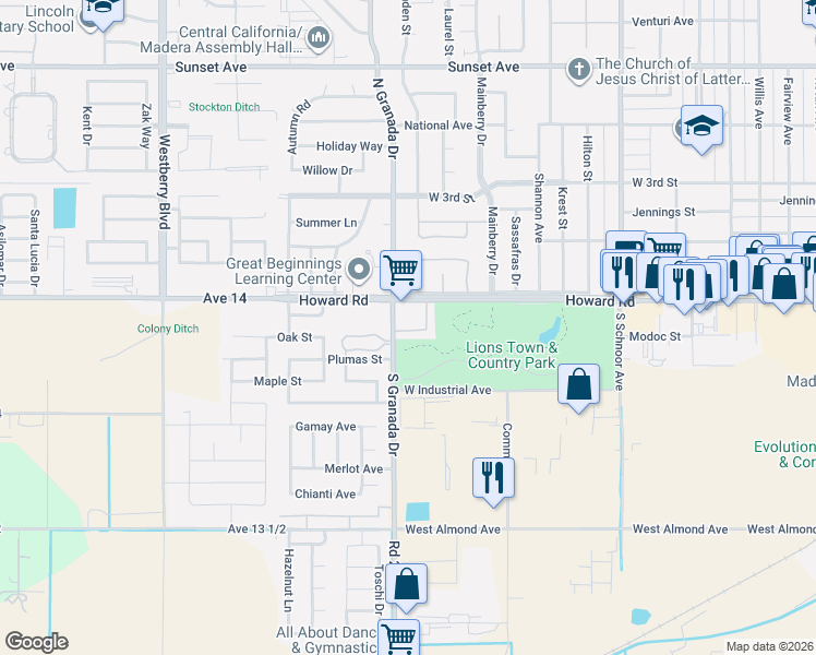 map of restaurants, bars, coffee shops, grocery stores, and more near 125 South Granada Drive in Madera